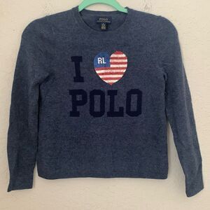 Polo Ralph Lauren Girl’s Blue Knit Wool Blend Flag Heart Sweater  Size M/ 8-10